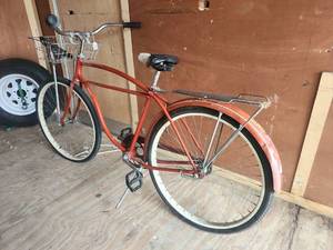 lot 5229 image: Red Cruiser Bicycle with Front Basket and Rear Rack