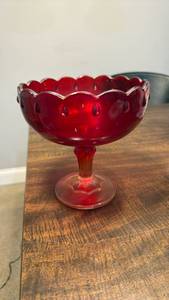 lot 3236 image: Red Glass Compote Bowl with Scalloped Edge