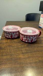 lot 3239 image: Cooks Essentials Red Damask Microwave Safe Storage Containers with Lids