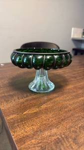 lot 3248 image: Green Glass Pedestal Compote Bowl with Ribbed Design