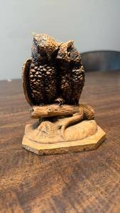 lot 3255 image: Hand Carved Wooden Owl Figurine on Branch Base