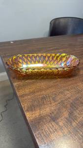 lot 3256 image: Iridescent Amber Carnival Glass Diamond Pattern Oval Bowl