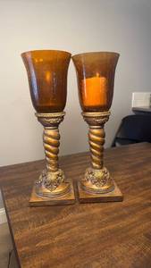 lot 3276 image: Decorative Glass Hurricane Candle Holders with Ornate Metal Base