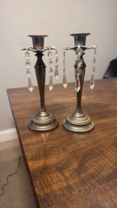 lot 3295 image: Brass Candlestick Holders with Crystal Prisms - Set of 2