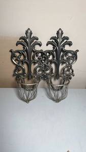 lot 3317 image: Ornate Metal Wall Sconces with Plant Holders