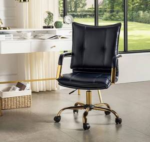 lot 9676 image: Faux Leather Home Office Desk Chair, Adjustable Swivel Computer Chair with Golden Legs and Arms, Comfy Upholstered Task Chair, Dark Blue