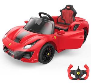 lot 679 image: Licensed Ferrari 488 Pista Spider Ride On Car with Speaker, 12V Battery Powered Kids Electric Car, Remote Control, Openable Doors, Leather Seat, Braking System, Spring Suspension, Light, Red - Retail $399.99