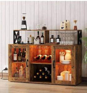 lot 9686 image: Garvee Farmhouse Wine Bar Cabinet with LED Lights and Power Outlets - Wine Racks and Glass Holder for Home Kitchen DiningGrey