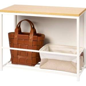 lot 9690 image: YAMAZAKI Home Tower Entryway Storage Shelf Rack for Slippers Shoes Boots Or Bags, Metal Entrance Mudroom Storage with Sturdy Wooden Bench Top, 18 - Steel  Wood