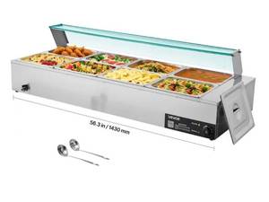 lot 9692 image: VEVOR Commercial Food Warmer, 1700W Electric Stainless Steel Steam Food Warmer with Glass Cover, 8-Pan Countertop Buffet Bain Marie with Soup & Perforated Ladles, for Catering, Restaurant & Party Retail$439