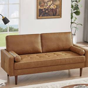 lot 9694 image: Loveseat Sofa Couch, Mid Century Modern Faux Leather Couch