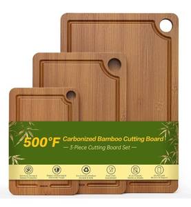lot 9698 image: Bamboo Cutting Board for Kitchen, 3-Piece Set with Juice Grooves, Side Handles &amp Non-Slip Mats Durable Bamboo Chopping Board for Meat, Vegetables and Fruits