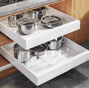 lot 9714 image: Seinloes 2Pack Expandable Pull Out Cabinet Organizer 21Deep With Raising Pad for Framed Cabinets, Upgrade 3 Slide Rails Slide Out Drawers, Roll Out Shelves Adhesive,Adjustable Width 12.05-20.4White