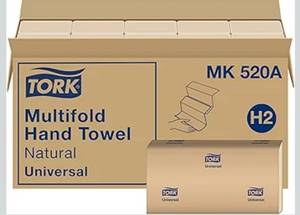 lot 9715 image: Tork Multifold Hand Towel, Natural, 100% recycled, FSC certified, Compatible with H2 Dispensers, 16 packs x 250 sheets (MK520A)