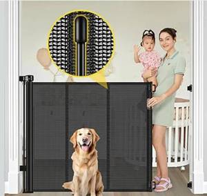 lot 9737 image: Reinforced 42 Extra Tall Retractable Baby Gates with Rods, Extends up to 60 Wide, Tall Retractable Dog Gate for Doorways Prevent Crawling Through Mesh Pet Gate Indoor Outdoor, Black