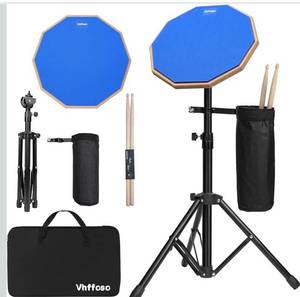 lot 9749 image: 12 Inch Practice Drum Pad with Stand and Sticks, Beginner Snare Drum Pad with Drumsticks and Carrying Bag, Double Sided Silent Drum Pad (Blue)