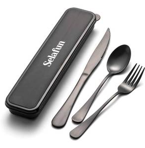 lot 9767 image: 4-pieces Travel Set with Case Portable Silverware Utensils Set for work, Stainless Steel Reusable Flatware Set Cutlery Set for Camping Picnic Hiking Office (6.7inch, Matte Black