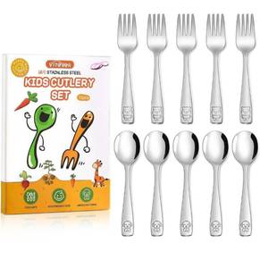 lot 9768 image: VITEVER 10-Piece Toddler Utensils, Kids Stainless Steel Silverware Set, Children Safe Forks and Spoons - Mirror Polished, Dishwasher Safe