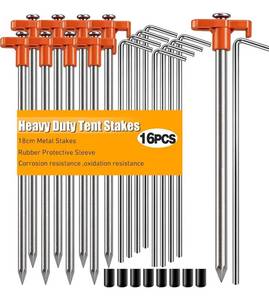 lot 9788 image: 16PCS Tent Stakes,Heavy Duty Camping Tent Stakes Non-Rust Metal Tent Pegs for Garden,Hiking,Canopies,Tarp and Outdoor Christmas Decorations with 8pcs Rubber Protective Sleeve (Orange
