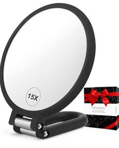 lot 9801 image: CLSEVXY Magnifying Handheld Mirror Double Sided, 1X 15X Magnification Hand Mirrors, Travel Folding Hand Held Mirror, 360°Rotation Pedestal Makeup Vanity Mirror