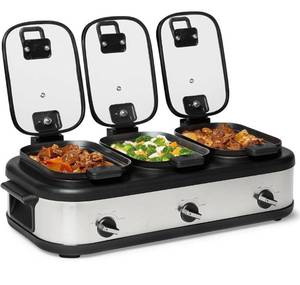 lot 9808 image: Amazon Basics Triple Slow Cooker with Ceramic Non-Stick Coating and Temperature Controls, 3 x 2.5 Quarts, Stainless Steel
