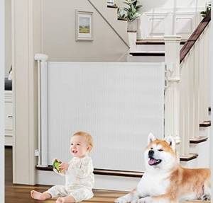 lot 9819 image: PRObebi Retractable Baby & Dog Gate - Extends to 54 Wide, 34 Tall - Stair, Doorway & Hallway Use