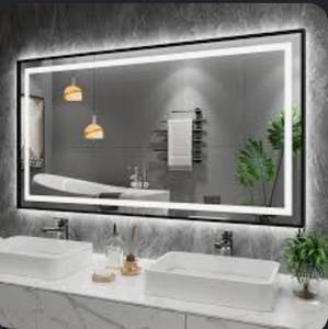 lot 9829 image: Amorho LED Bathroom Mirror, 55 X30 Front Light and Backlit with Black Frame, Stepless Dimmable, Anti-Fog, Shatter-Proof, Memory, 3 Colors, Double LED Vanity Mirror