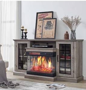 lot 9830 image: AMERLIFE 3-Sided Glass Fireplace TV Stand for TVs up to 65 with 12 Color, Media Entertainment Center Console Table with Doors Closed Storage, Wash Gray Fireplace not included