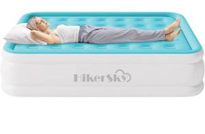 lot 9836 image: Queen Air Mattress with Built-in Pump, Single Air Bed with Portable Storage Bag, Suitable for Home and Guests, Top Flocking, 18 Queen Sky Blue