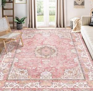 lot 9876 image: 8x10 Area Rugs Washable,Pink Rug for Living Room Bedroom Dining Room,Large Boho Vintage Bohemian Distressed Oriental Carpet Non Slip,Blush Floral Flowers