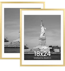 lot 9878 image: ENJOYBASICS 18x24 Picture Frame, Display Poster 16x20 with Mat or 18 x 24 Without Mat, Wall Gallery Photo Frames, Gold, 2 Pack