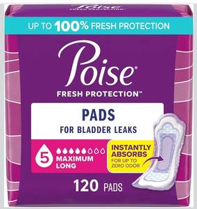 lot 9886 image: Poise Incontinence Pads & Postpartum Incontinence Pads, 5 Drop Maximum Absorbency, Long Length, 120 Count (2 Packs of 60), Packaging May Vary