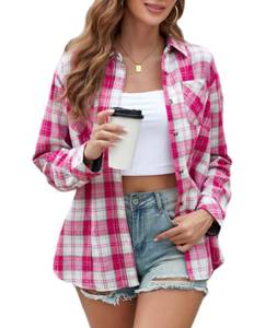 lot 9889 image: Deer Lady Plaid Flannel Shirts for Women Buffalo Plaid Shirts Oversized Long Sleeve Casual Button Down Blouse Top Bright Pink White M 0802