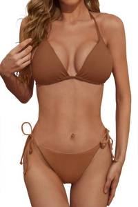 lot 9891 image: Zuvebamyo Womens Two Piece Bikini Swimsuit Sexy Ribbed Triangle Top Bathing Suits String Cheeky Bikini Sets Brown M