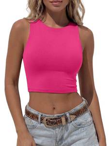 lot 9892 image: REORIA Womens Sexy Sleeveless High Neck Racerback Cropped Tank Tops Cute Teen Girls Halter Neck Crop Tops Vest Neon Rose Red Large