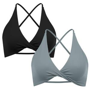 lot 9895 image: SUUKSESS Women 2 Piece Open Back Strappy Sports Bra Pack Twist Front V Neck Padded Workout Crops (#2 Black & Grey, S)