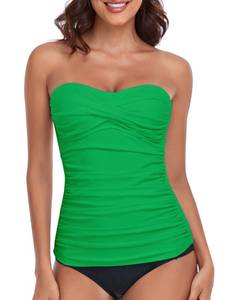 lot 9896 image: RELLECIGA Womens Emerald Green Ruched Bandeau Tankini Top Swimsuits Size Large