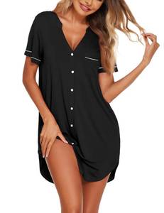 lot 9898 image: Ekouaer Nightgowns for Women Button Down Night Gowns Short Sleeve Sleep Shirt V Neck Nightshirt Soft Sleepwear Pajams Dress Black Medium