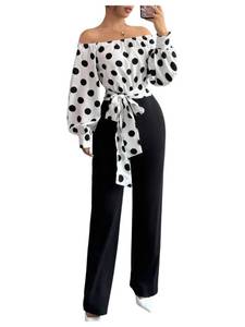 lot 9903 image: WDIRARA Womens Polka Dots Off Shoulder Bishop Long Sleeve Belted Jumpsuit Black and White Medium