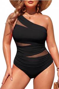 lot 9911 image: Aqua Eve Plus Size One Piece Swimsuit for Women Tummy Control Bathing Suits One Shoulder Swimwear Black Mesh 18W