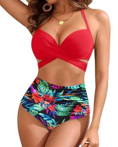 lot 9912 image: Red Floral High Waisted Underwire Bikini Sets - Women 2025 Two Piece Swimsuits Halter Bathing Suits with Tummy Control Bottom M