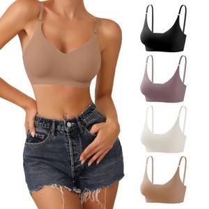lot 9913 image: DEANGELMON 4 Pieces V Neck Bralettes Padded Seamless Adjustable Straps Bra Everyday Basic Sleeping Bras (4P3,XS)