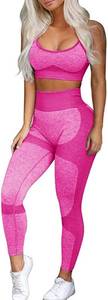 lot 9915 image: OLCHEE Womens Workout Sets 2 Piece - Seamless Yoga Leggings and Cross-Strap Sports Bra Gym Outfits Activewear Matching Set - Pink Medium