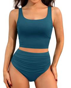 lot 9933 image: Tempt Me Women Two Piece Tankini Swimsuits - Crop Swim Top with High Waisted Bottom Tummy Control Bathing Suits Swimwear Blue Green XS