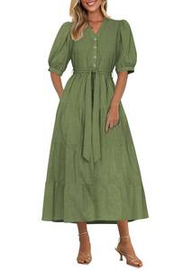 lot 9937 image: PRETTYGARDEN Summer Dresses for Women 2026 Elegant Classy Short Sleeve V Neck Ruffle A Line Belted Long Beach Vacation Dress (Cyan,Medium)
