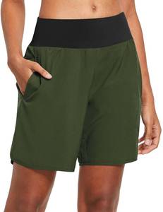lot 9938 image: baleaf Womens 7 Inches Long Running Shorts Back Zipper Pocketed Athletic Gym Shorts with Liner Army Green Size M