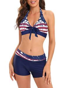 lot 9942 image: Womens Bikini Swimsuits 2 piece Sports Bathing Suit Halter Bikini Sets with Shorts for Women Athletic Two Piece Swimwear National Flag XL