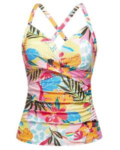 lot 9944 image: Women Tankini Bathing Suit Top - Twist Front V Neck Swim Top Only Ruched Tummy Control No Bottom 2025 Colorful Floral M
