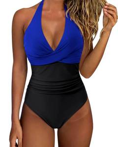 lot 9948 image: SUUKSESS Women Sexy Tummy Control One Piece Swimsuits Halter Push Up Monokini Bathing Suits (Royal Blue Black, M)