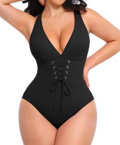 lot 9950 image: SHAPELLX Womens One Piece Swimsuits V Neck Bathing Suits Push Up Slimming Swimwear Tummy Control Black 3XL